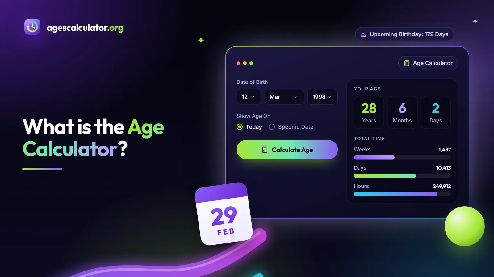 What is the Age Calculator? What is the Age Calculator? – Age Calculator, 28 Years, 6 Months, 2 Days, Total Time, Upcoming Birthday